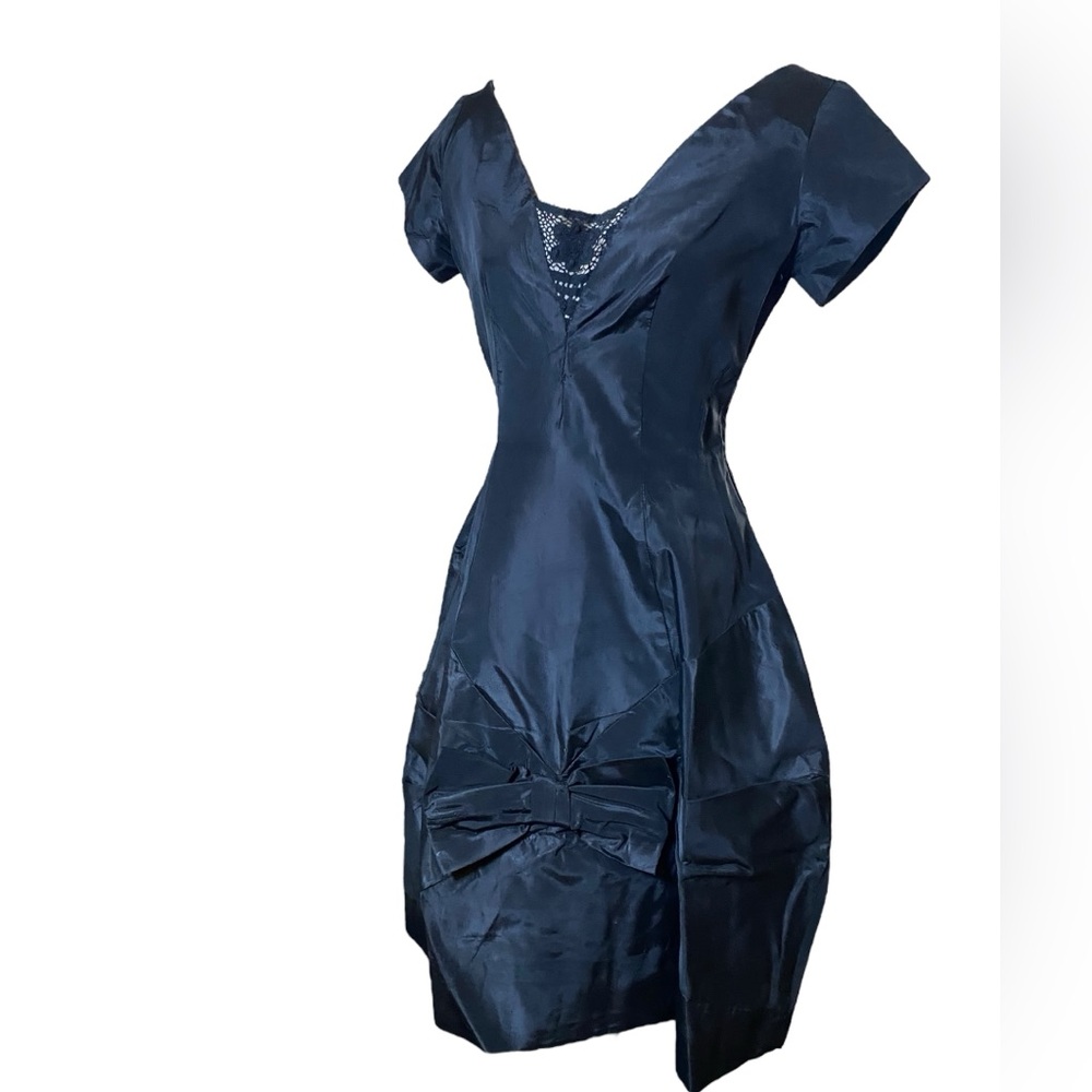 Elegant Vintage 50s 1950s Party Black Silk Taffeta Sculptural Cocktail Dress S